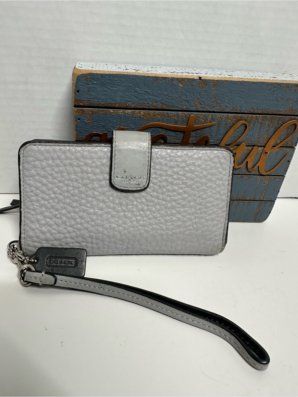 Coach Silver Pebbled Leather Wristlet Case with Strap